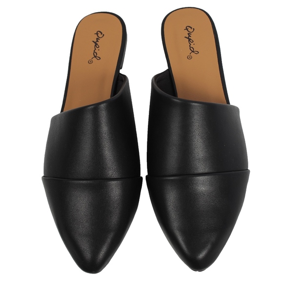Black faux leather pointy toe slip on mules flat - Picture 2 of 7
